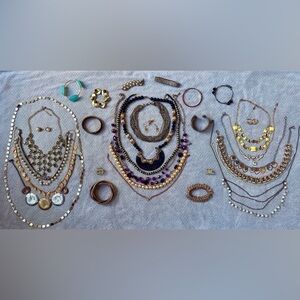 Vintage Gold Tone Jewelry Lot 34pc Necklaces Bracelets Earrings Signed Statement